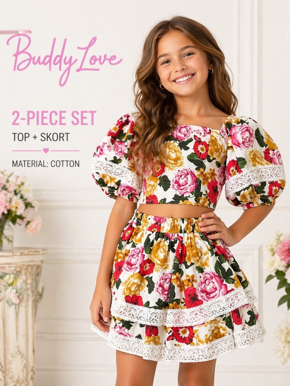 BuddyLove NWT 2-Piece Floral Set Puff Sleeve Top + Skirt-Shorts size L (11-12)
